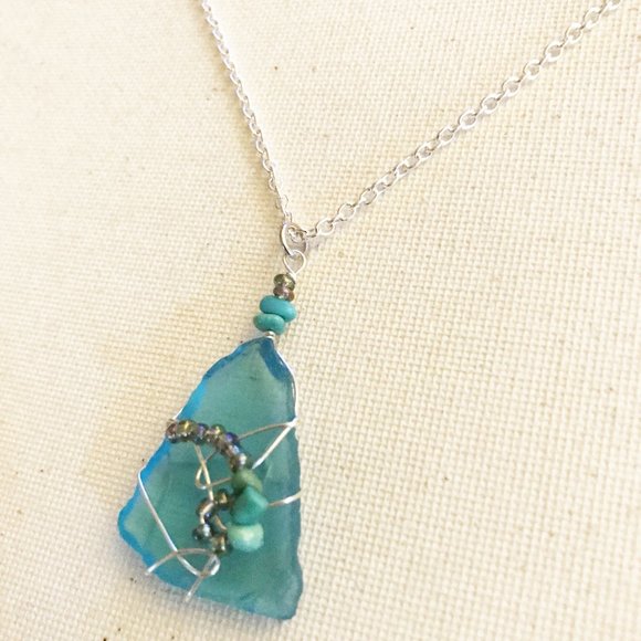 Caribbean Sea Glass Turquoise Gemstone Necklace Ocean Mermaid Beach Coastside CA - Picture 4 of 6